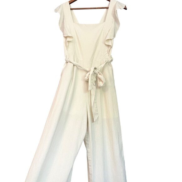Cream Ruffle Sleeve Linen Blend Jumpsuit With Waist Tie Square Neckline & Wide L - Picture 1 of 11